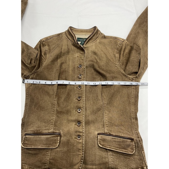 LRL Lauren Jeans Co. Womens Brown Stretch Denim‎ Leather Trim Jacket Sz 12 - Picture 6 of 12